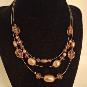 Vintage Layered Pearl and Faceted Crystal Necklace - Bronze/Copper